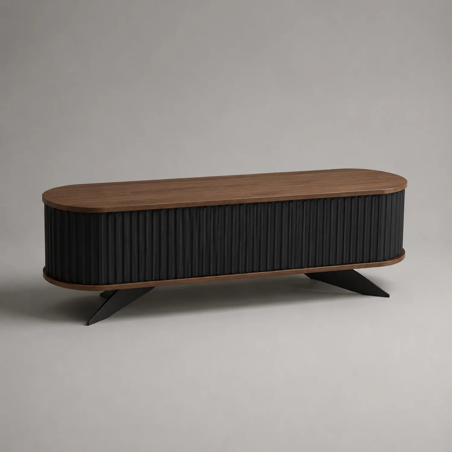 Walnussholz TV-Tisch mit schwarzen Metalllamellen, 160 cm