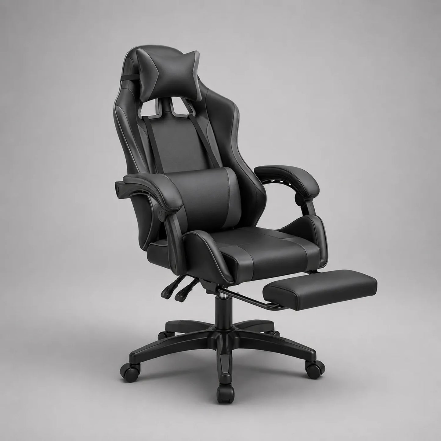Schwarzer Kunstleder-Gamingstuhl mit Fußstütze