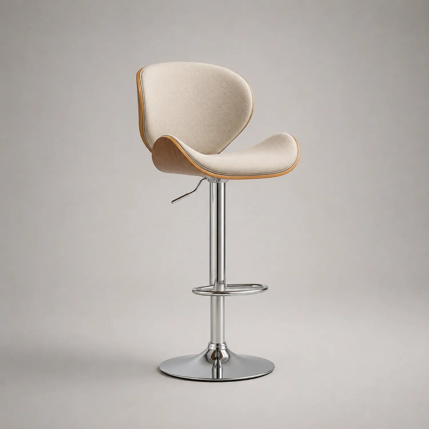Höhenverstellbarer Barhocker aus Stoff, Sperrholz und Chrom, Beige