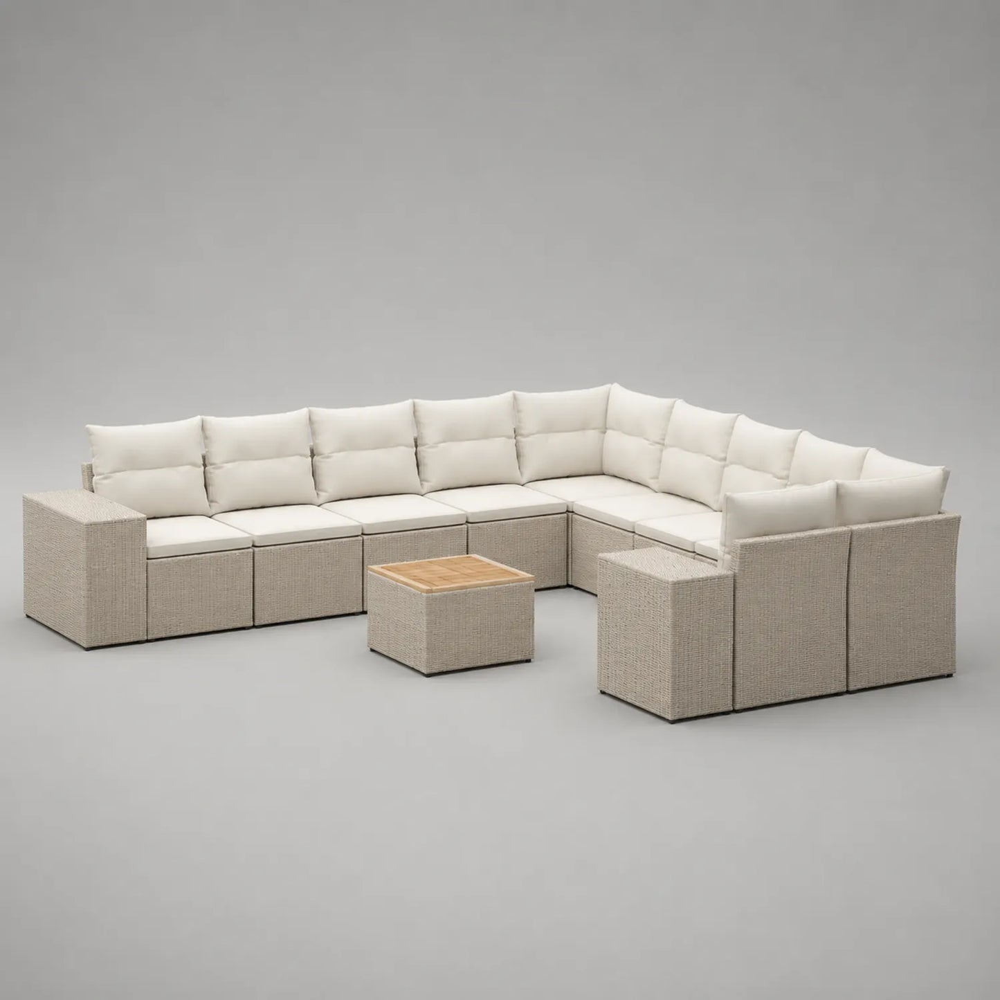 Modulares Gartensofa-Set aus Polyrattan mit Teakholz-Tisch, Beige