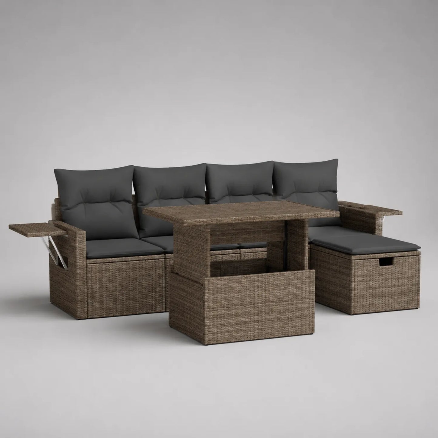 Gartensofa Set aus Polyrattan mit Tisch und Kissen Grau