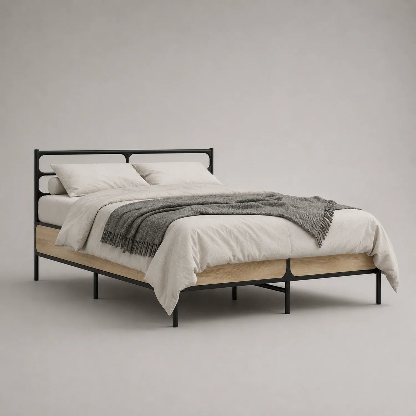 Metallbett mit Holzelementen und Bettwäsche, 140x200 cm Schwarz/Natur