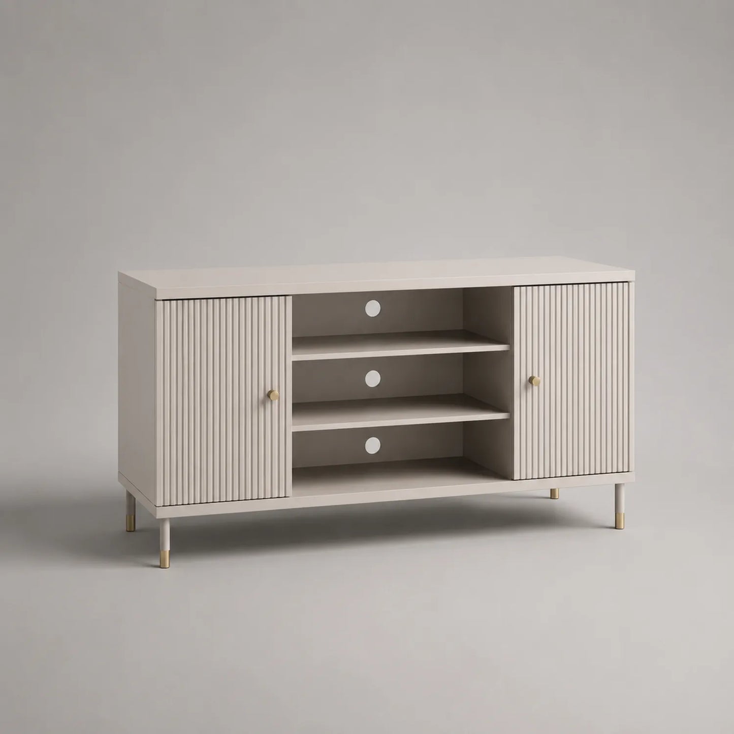 Fernsehschrank mit 2 Türen und 3 Fächern aus Holz und Metall, Beige
