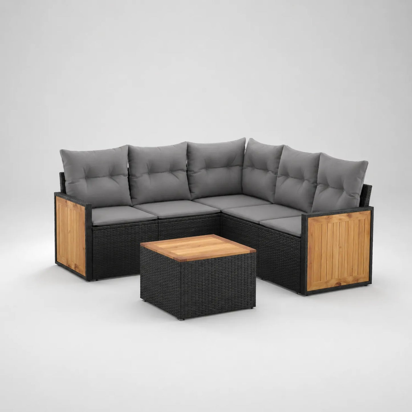 Gartensofa-Eckset aus Rattan mit Holzakzenten, Schwarz und Grau
