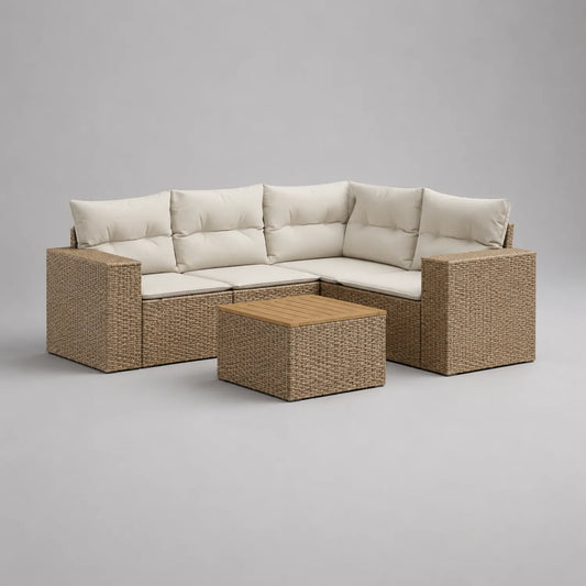 Polyrattan Ecksofa Set mit Teakholz Tischplatte Natur Creme