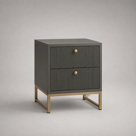 Nachttisch mit 2 Schubladen aus MDF-Holz und Metall in Grau und Gold