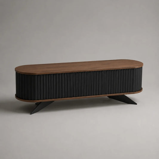 Walnussholz TV-Tisch mit schwarzen Metalllamellen, 160 cm