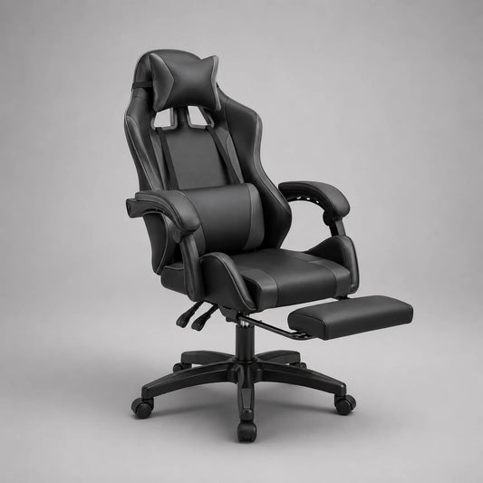 Schwarzer Kunstleder-Gamingstuhl mit Fußstütze