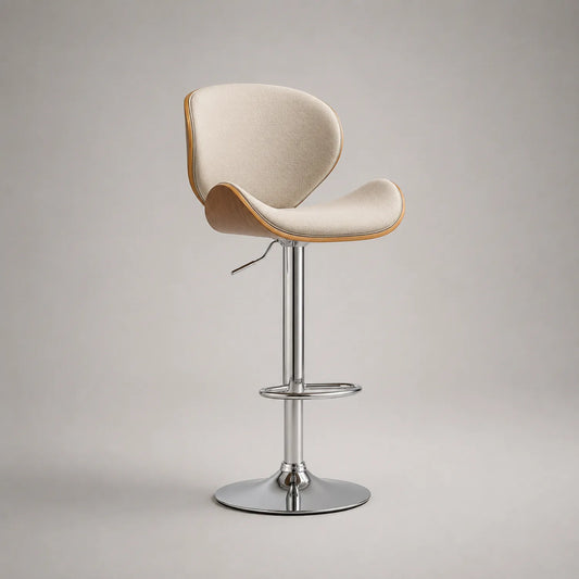 Höhenverstellbarer Barhocker aus Stoff, Sperrholz und Chrom, Beige