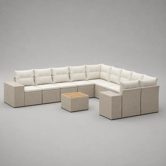 Modulares Gartensofa-Set aus Polyrattan mit Teakholz-Tisch, Beige