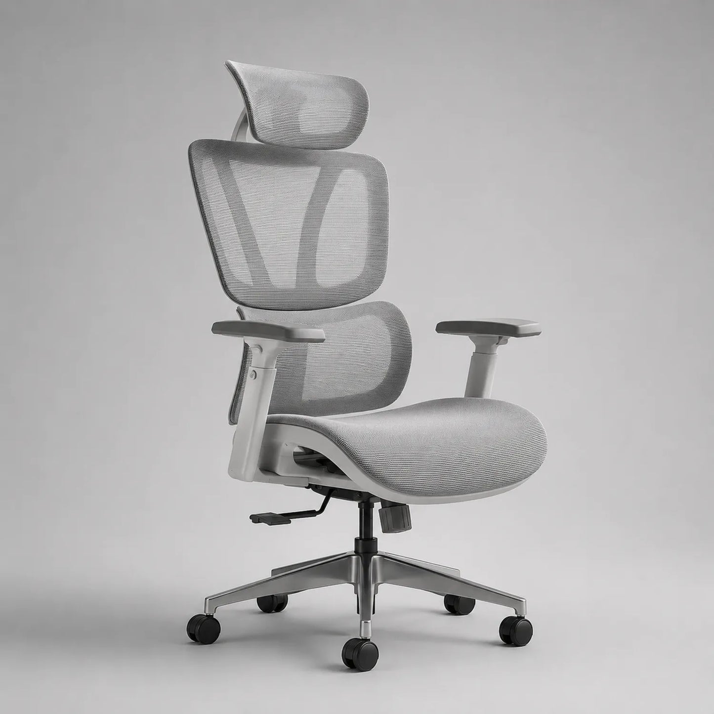 Ergonomischer Bürostuhl aus Netzstoff mit verstellbarer Kopfstütze, grau