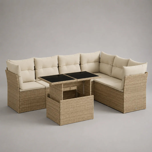 Rattan-Lounge-Set mit Glastisch in Beige