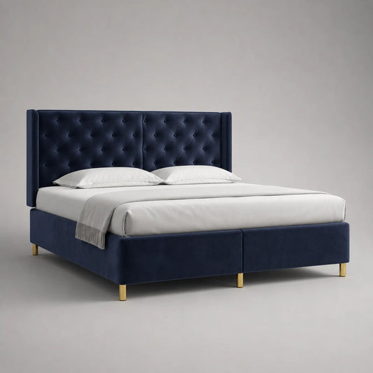Doppelbett Velours Blau mit gepolstertem Kopfteil