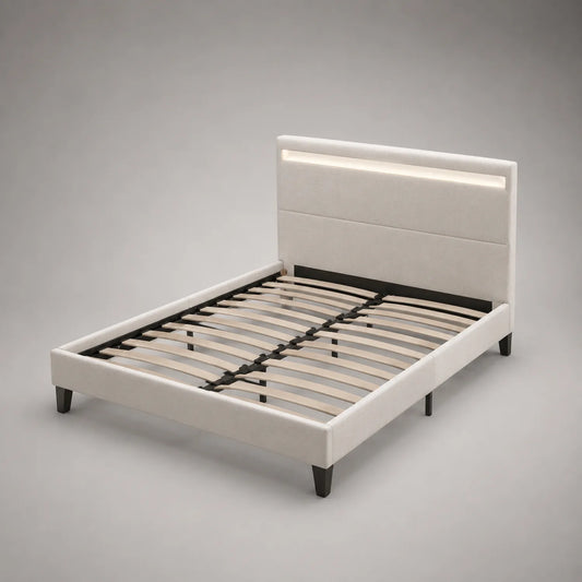 Polsterbett 160x200 cm Holz Metall Stoff Beige mit LED