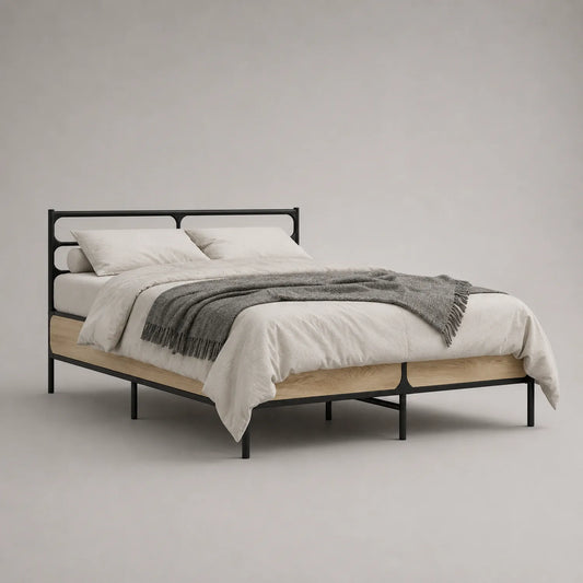 Metallbett mit Holzelementen und Bettwäsche, 140x200 cm Schwarz/Natur