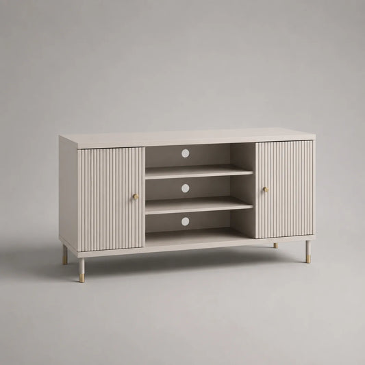 Fernsehschrank mit 2 Türen und 3 Fächern aus Holz und Metall, Beige