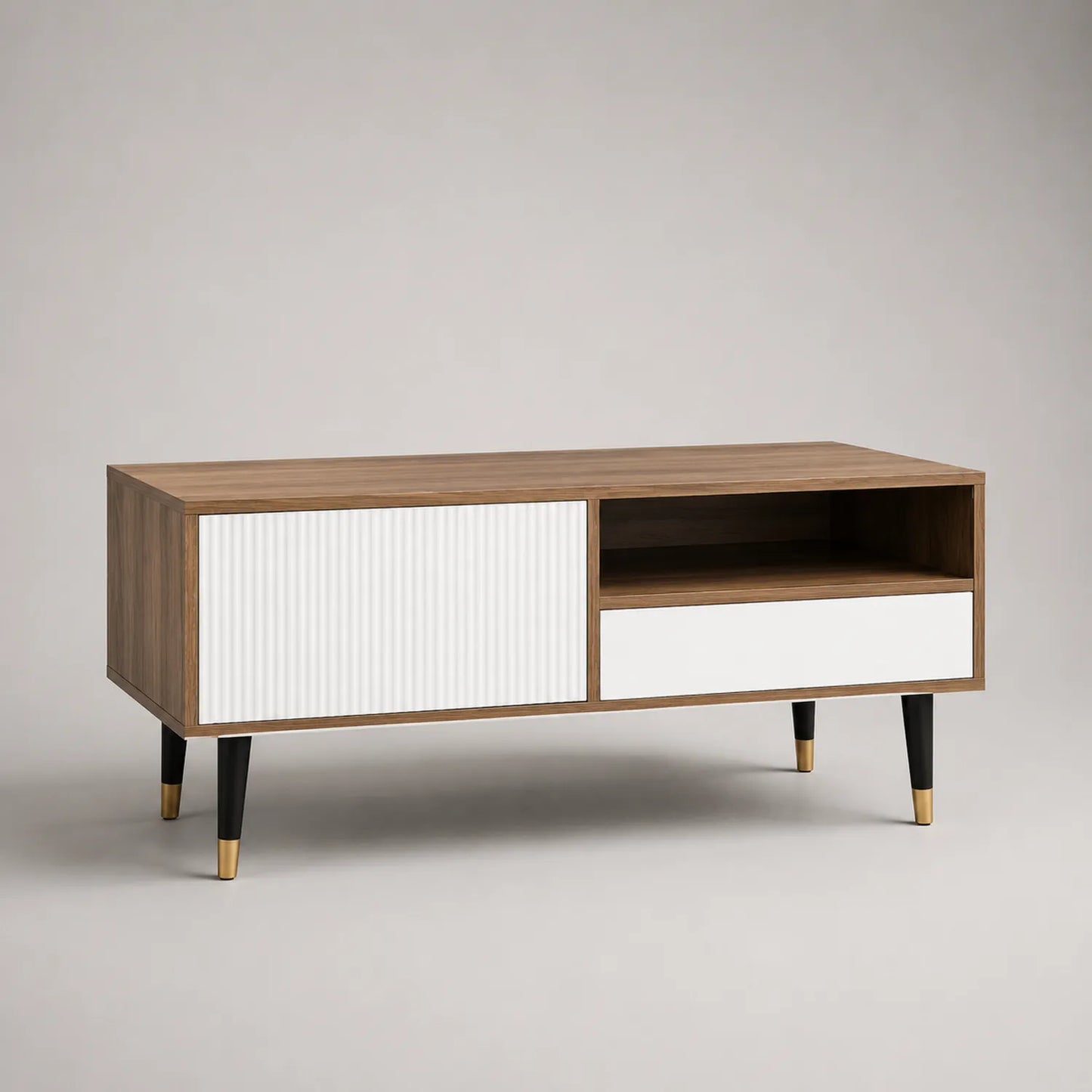 TV-Schrank Holz Walnuss Weiß Stahl mit Regal und Schublade 120cm