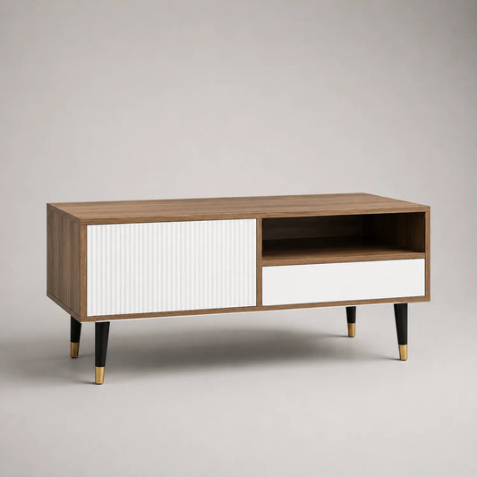 TV-Schrank Holz Walnuss Weiß Stahl mit Regal und Schublade 120cm