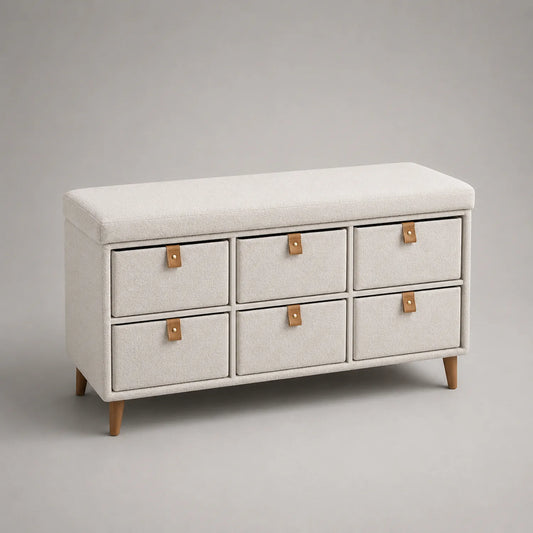 Polsterbank mit 6 Schubladen Stoff Beige Holzbeine