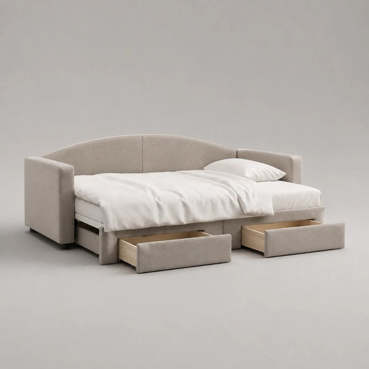 Beige Stoff Sofa mit Bettfunktion und Schubladen