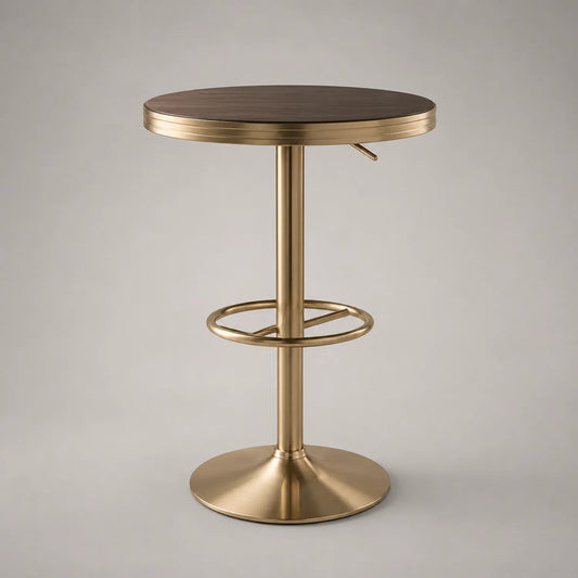 Runder Stehtisch aus Walnussholz und Edelstahl Gold, Höhe 100 cm