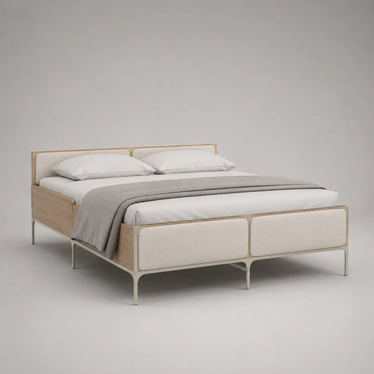Doppelbett aus Eichenholz und Stoff 200x160 cm Beige