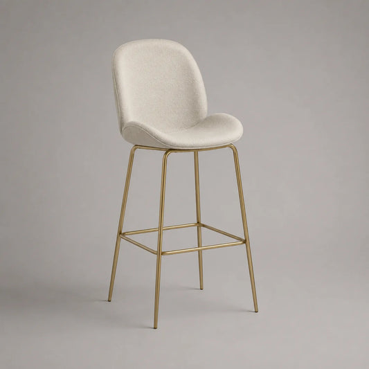 Barhocker mit weißem Polyesterstoff und goldenem Metallgestell