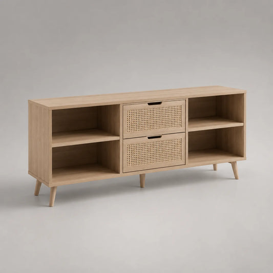 Eichenholz Fernsehschrank mit Rattanschubladen und Regalen, 160 cm