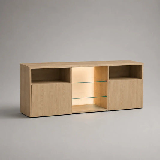 Holz TV-Schrank mit Glasregalen und LED-Beleuchtung 180x50x60cm