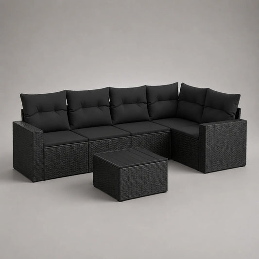 Schwarzes Rattan Gartenmöbel Set mit Ecksofa und Tisch