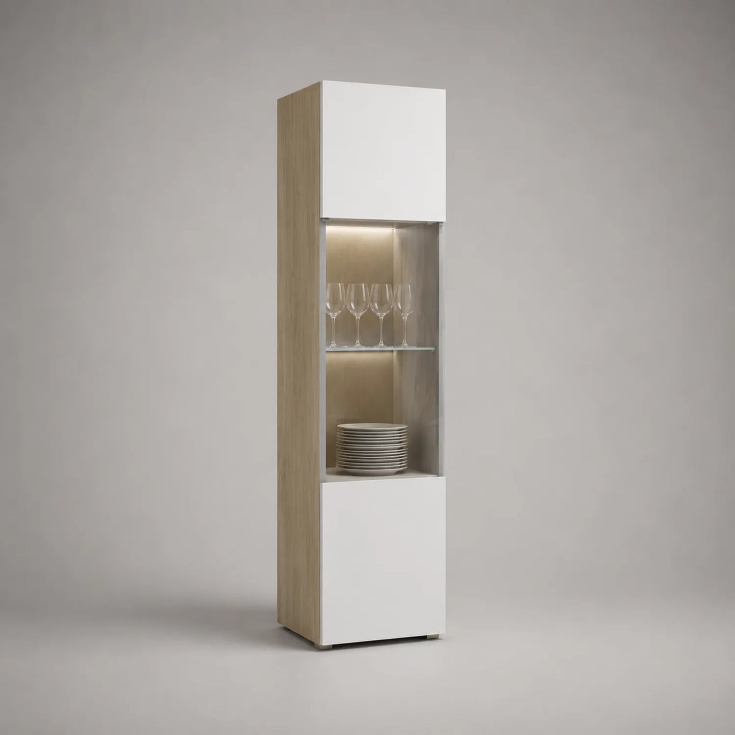 Vitrine Holz mit Einscheibensicherheitsglas Weiß Eiche 180x45x40cm