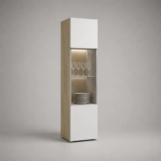 Vitrine Holz mit Einscheibensicherheitsglas Weiß Eiche 180x45x40cm
