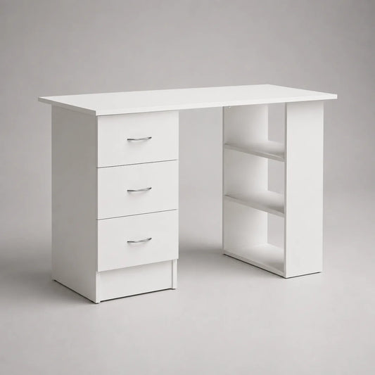 Weißer Schreibtisch mit MDF-Schubladen und Regalböden