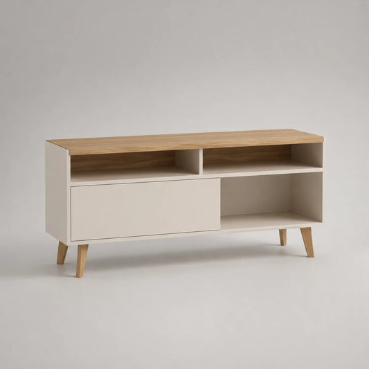 TV-Schrank Holzoptik Weiß 120x40x50cm mit offenen Fächern und Schiebetür