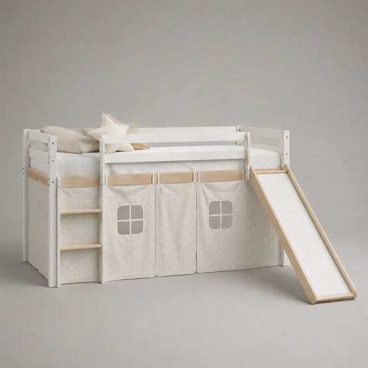 Kinderhochbett mit Rutsche und Leiter 90x200 cm Holz/Baumwolle Weiß/Natur