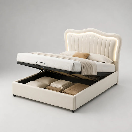Beige Stauraumbett mit Polsterkopfteil und Beleuchtung, 200x140cm