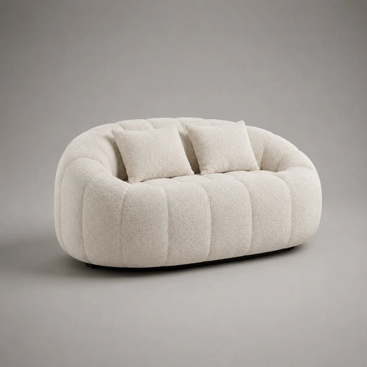 Bouclé Sofa 2-Sitzer Creme Rund Gepolstert